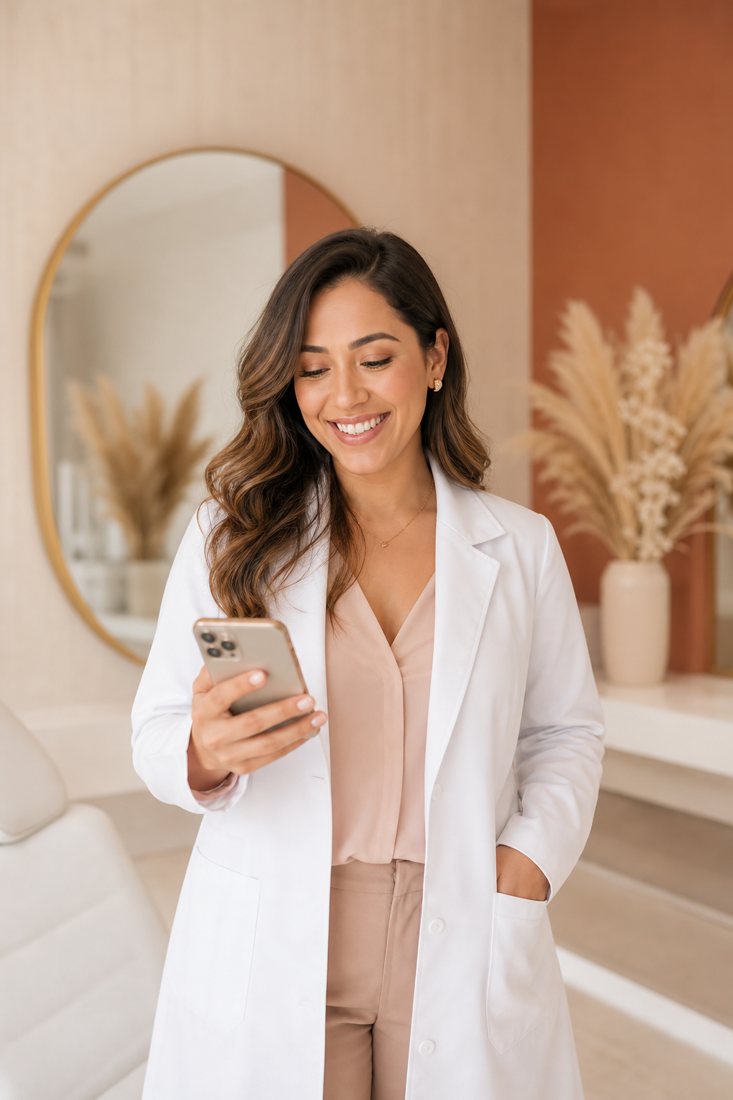 Biomédica esteta vendo no celular um novo contato do site